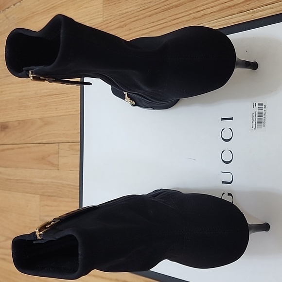 Gucci Monterry Stretch/Malaga Black Heeled Boots & Gold Accents Size 37 605436 - Picture 3 of 13